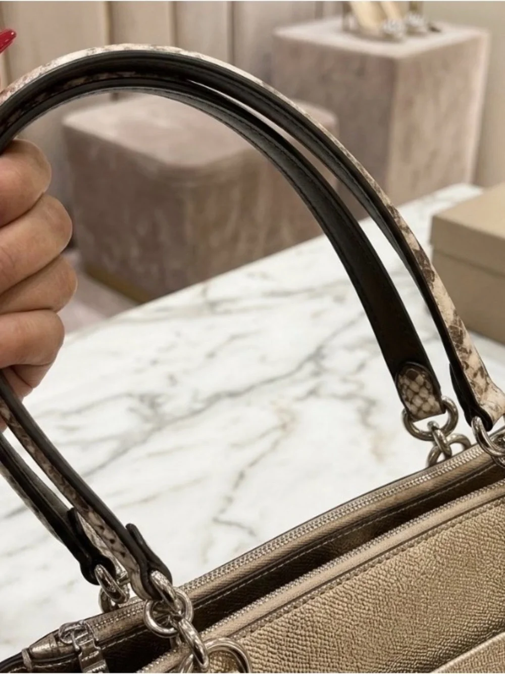Coach Brooke Metallic Gold Leather Satchel w/ Snake-Print Handle Accent *EUC